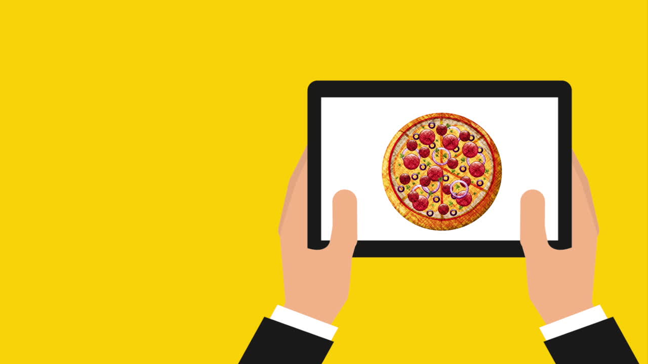 태블릿으로 음식 배달 전자 상거래 기술을 사용하는 손