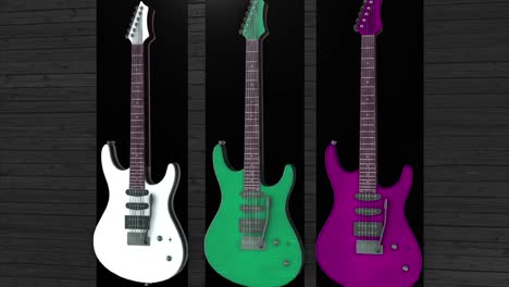 three electric guitars in different colors