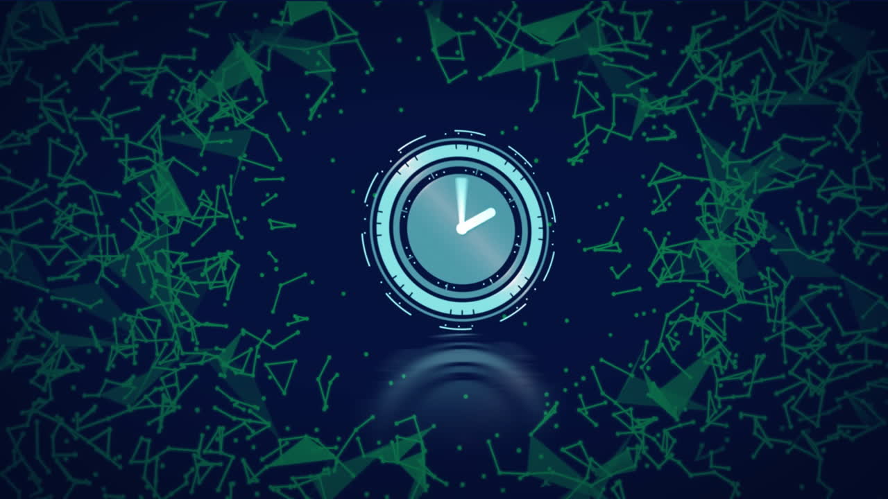 Digital network connections and abstract green shapes with clock icon animation