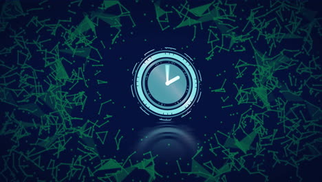 digital network connections and abstract green shapes with clock icon animation