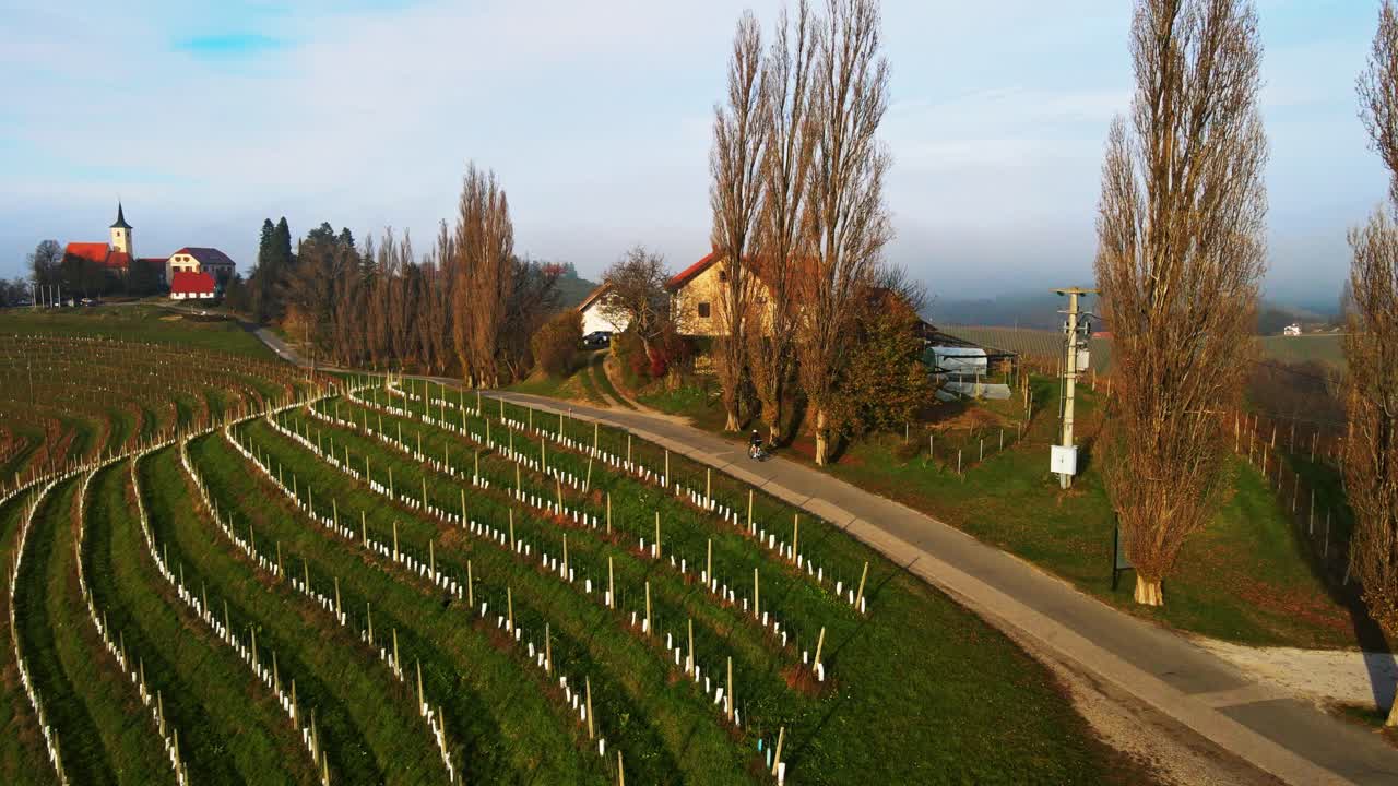 Vista aerea di un ciclista che pedala lungo una strada tra i vigneti, vicino a case di campagna e a uno scenografico paesaggio rurale.