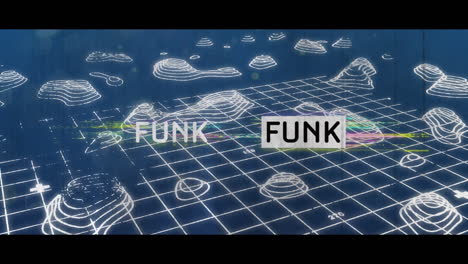 animation of funk in black and white text with colourful distortion over white grid and contours