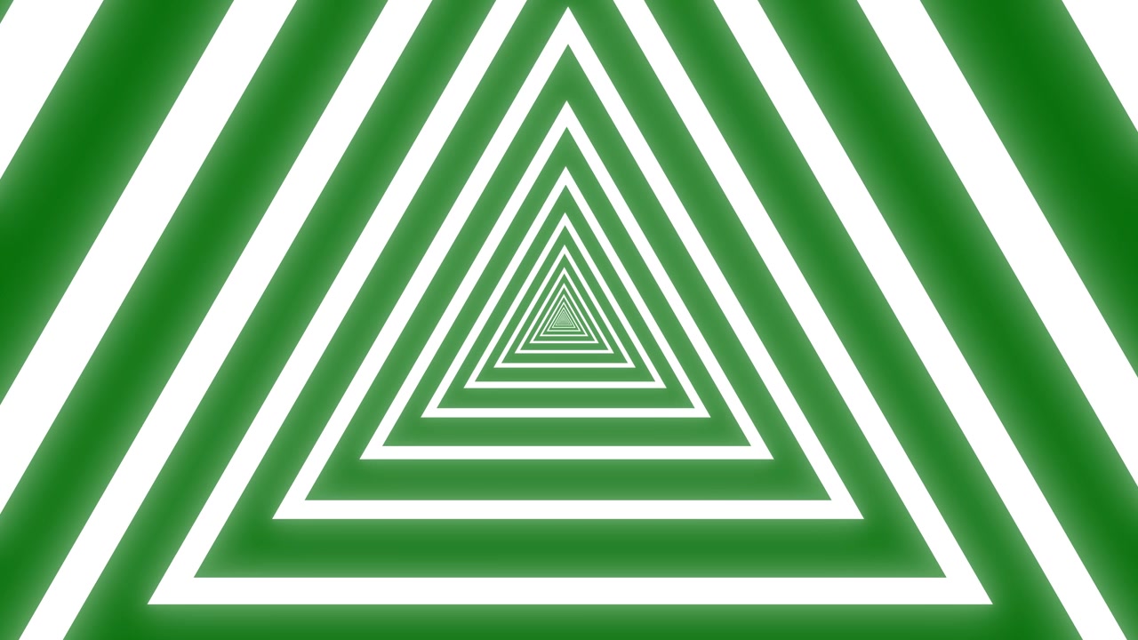 Túnel abstrato de triângulos brancos brilhantes em fundo verde