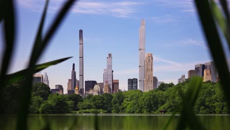 Cinematic,-revealing,-establishing-shot-of-downtown-Manhattan-skyline-from-New-York-Central-Park