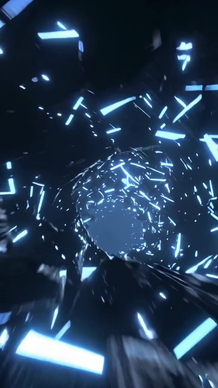 Vertical video: Entering neon vortex as camera pushing into CGI tunnel with blue shards toward void