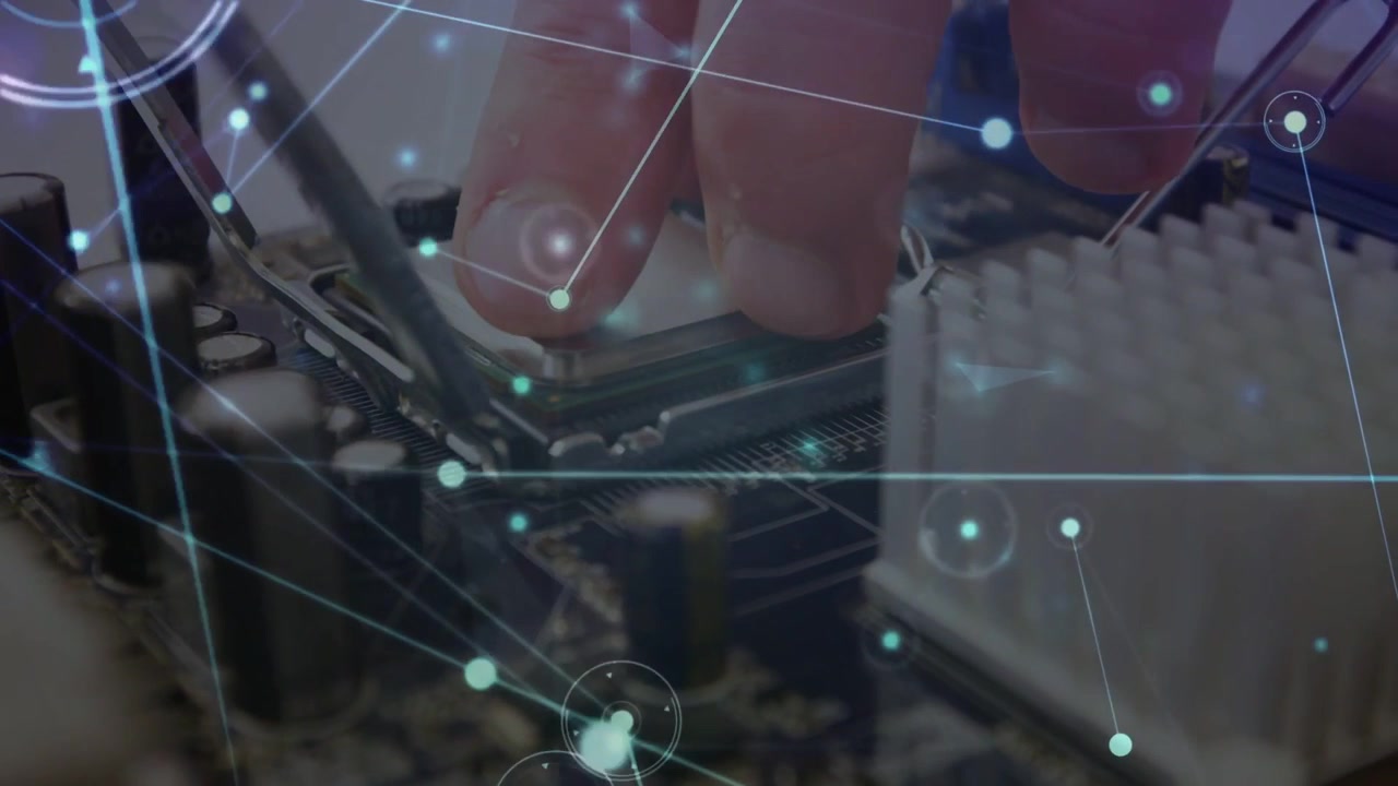 Vertical video: Tech entering aligning CPU into socket, locking lever seating CPU as HUD maps links