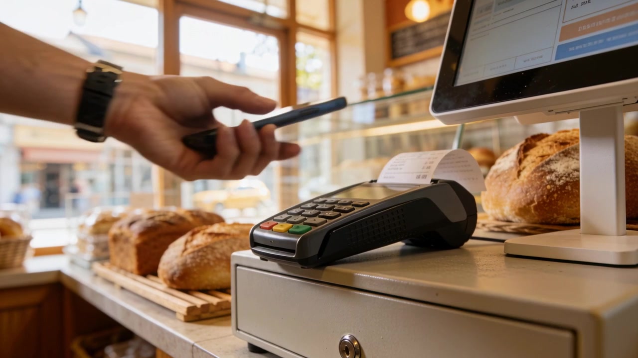 Moving right hand with watch holding phone to reader at bakery counter to pay, printing receipt