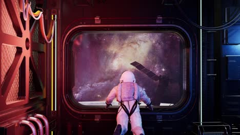 full body back view of alone astronaut in futuristic space corridor watching earth and stars. view of the earth and communications satellite. 3d animation zoom out