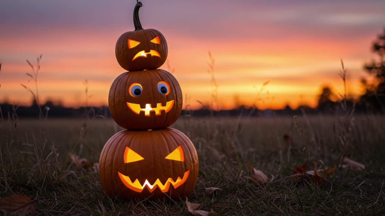 A Spooktacular Trio of Jack-o'-Lanterns Set Against a Stunning Autumn Sunset, Perfectly Captured for an Enchanting Halloween Atmosphere and Celebration