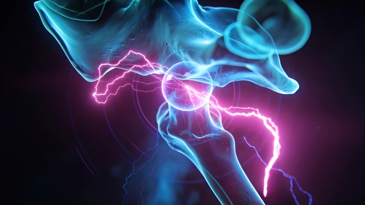 Articolazione dell'anca scintillante a livello della testa del femore, con l'articolazione che emette archi magenta per simulare una scarica in studio.