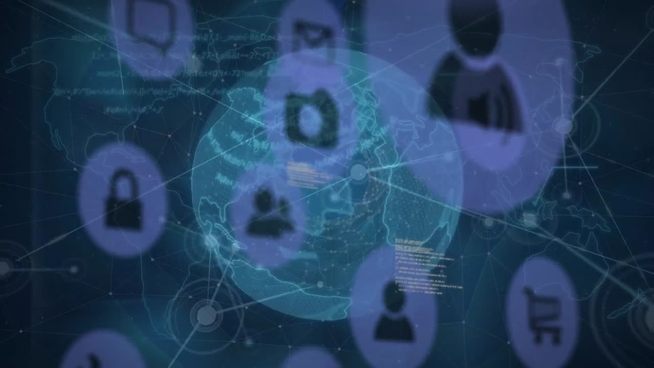 animación de procesamiento de datos e iconos de medios en todo el mundo y red de conexiones.