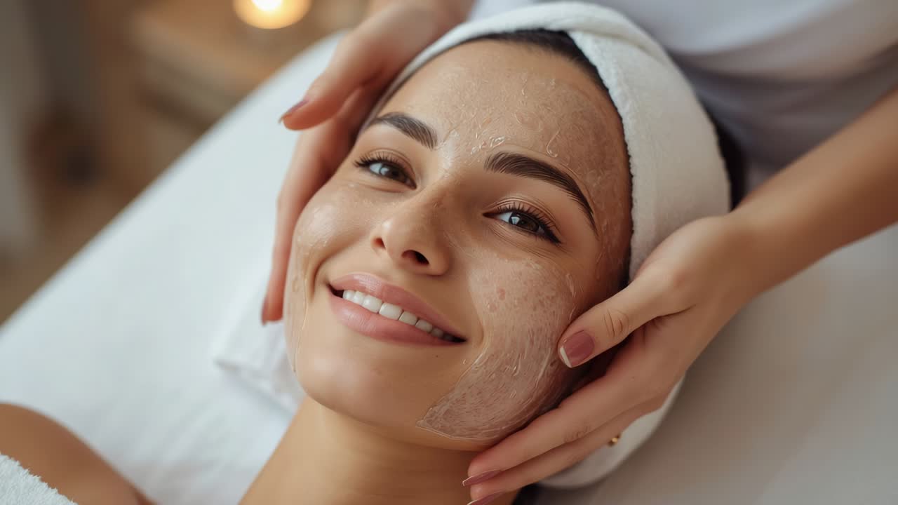 Placing esthetician hands cupping client face at spa bed with headband, smoothing mask, relaxing