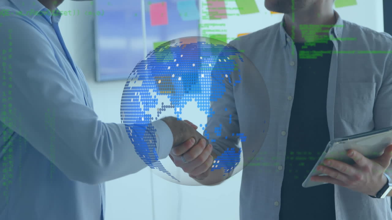 animación del globo y procesamiento de datos sobre personas que se dan la mano