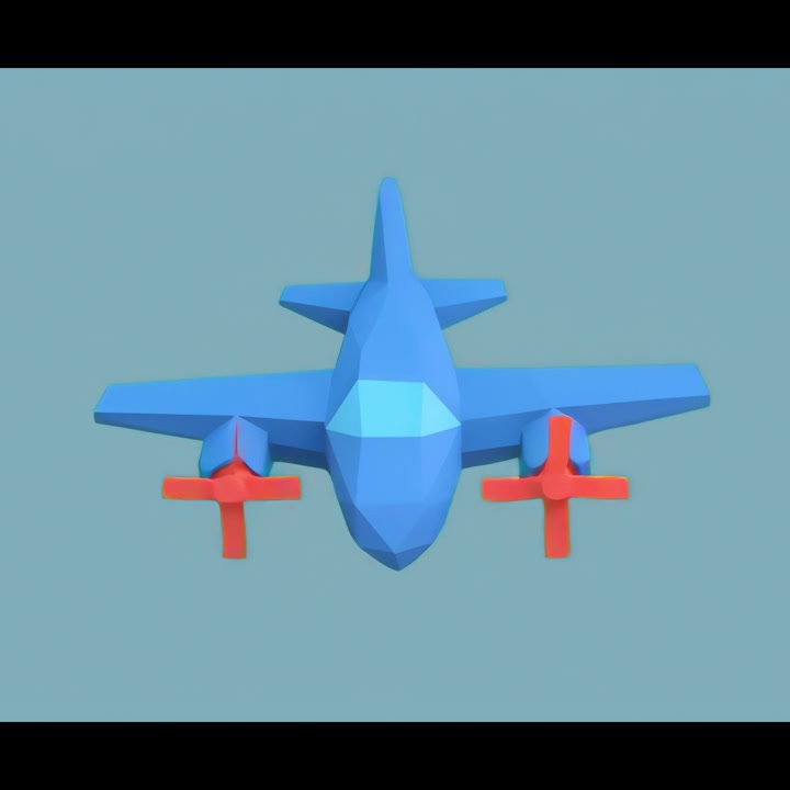 Animazione 3D low poly di un aereo blu che ruota
