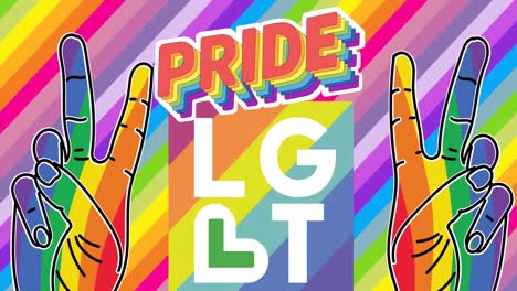 animation of hands and pride lgbt text over colourful background