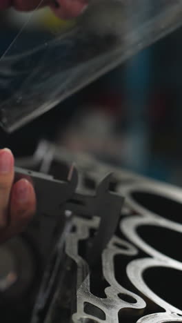 ingeniero en taller mecánico que utiliza una pinza de vernier para medir las dimensiones del motor mientras usa gafas de protección, medición de precisión práctica en el espacio de trabajo industrial
