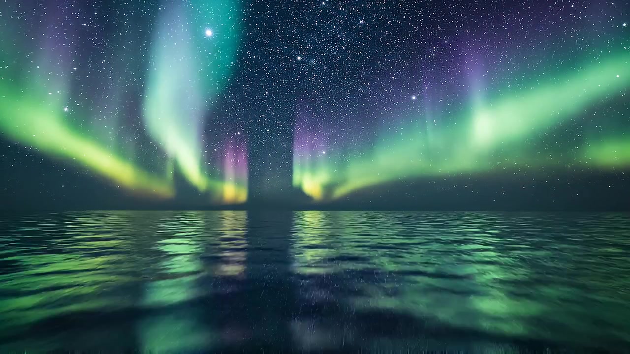 Aurora Borealis memantul di laut di bawah langit berbintang