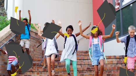 animación de iconos de sombreros de graduación escolares sobre niños escolares felices que salen de la escuela