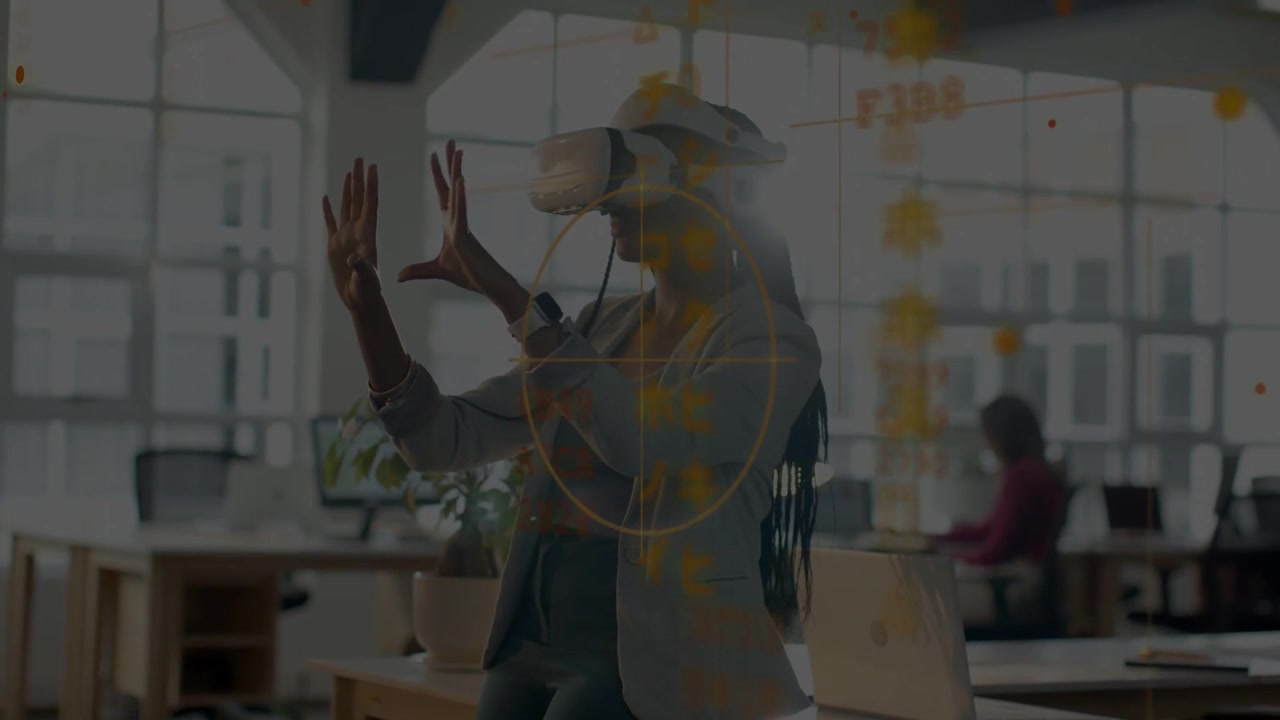Woman using tethered VR headset raising hands in open office, HUD appearing and guiding UI testing