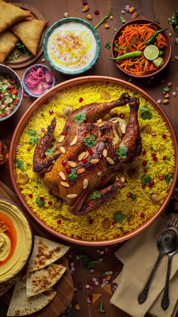 Toma cenital en vídeo de un vibrante banquete de Oriente Medio con pollo asado y guarniciones