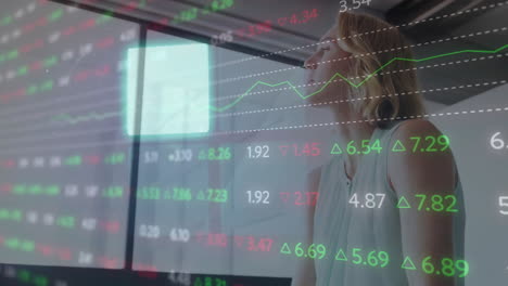 animation of financial data processing over caucasian businesswoman in office