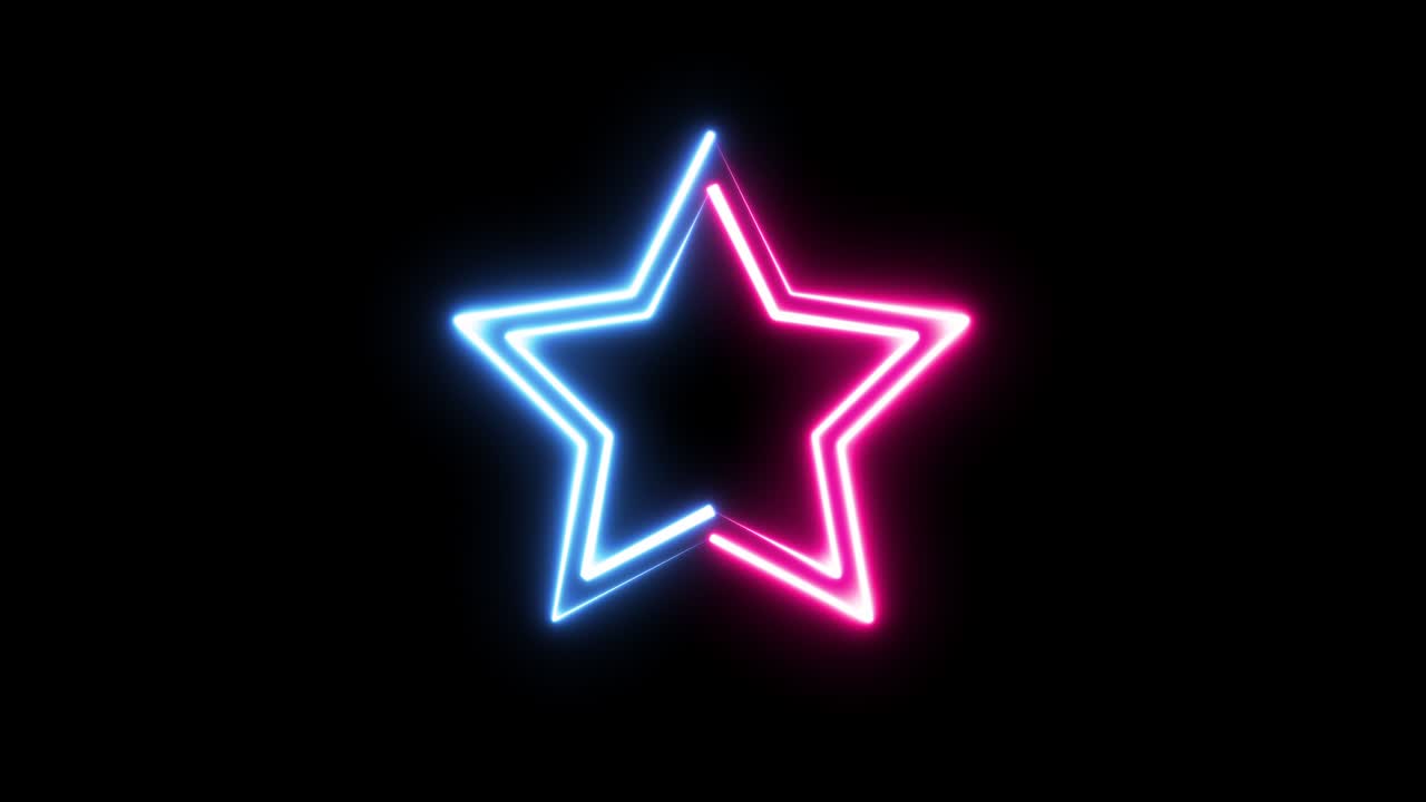 estrella colorida de línea de neón llamarada brillante parpadeante bucle de animación moviéndose al azar en un fondo negro.