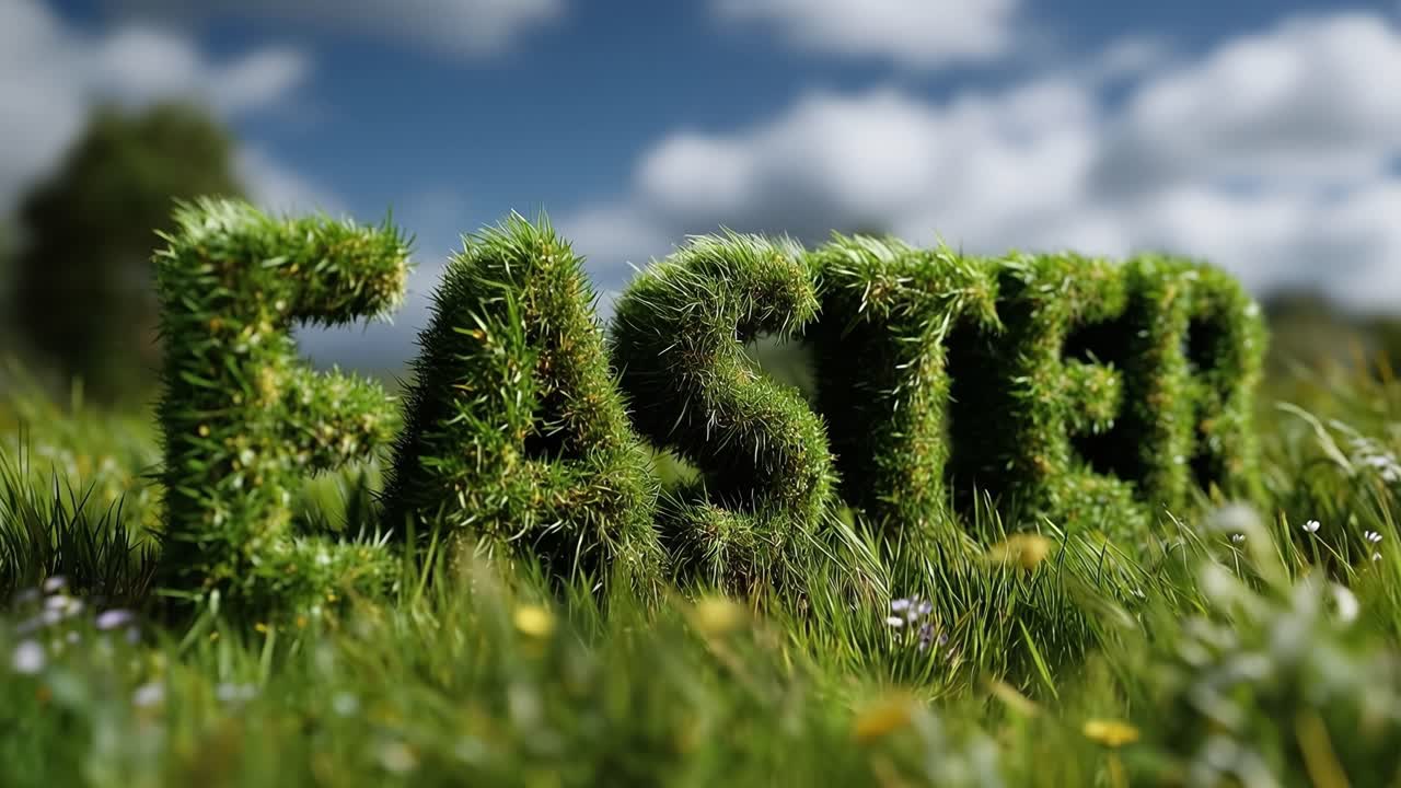 Green letters spell Easter in a grassy field. Yellow flowers dot the meadow. Blue sky with soft clouds above. Sunlight gently bathes the scene. Perfect for spring festival themes