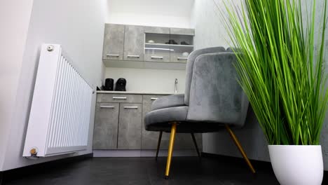 stylish lounge area with modern grey chair and decorative plant in contemporary kitchen space