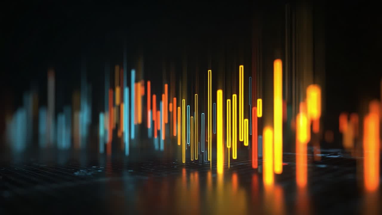 Dynamic Abstract Visualization of Data Representation with Multicolored Light Bars Indicating Changes and Fluctuations in Information Over Time in a Dark Environment