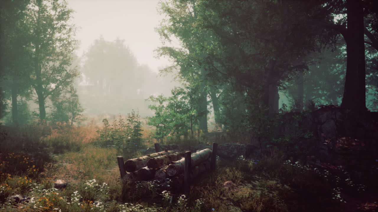 따뜻한 빛의 광선과 함께 가을의 숲 풍경