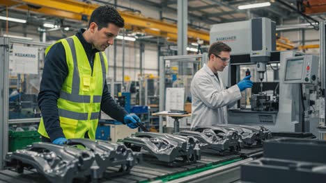 working in a modern manufacturing facility: quality control and precision engineering with professionals in safety gear inspecting components and machinery operations