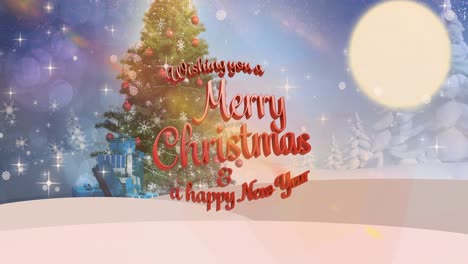 animation of merry christmas and happy new year text over winter landscape