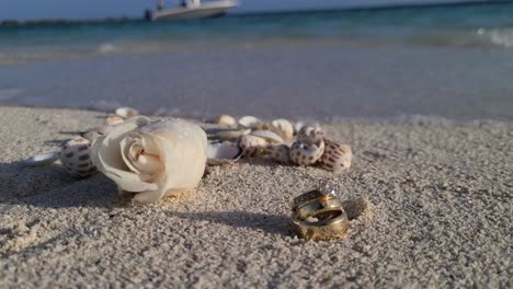 single pristine white flower adorning a gleaming wedding ring on soft sand, sea background