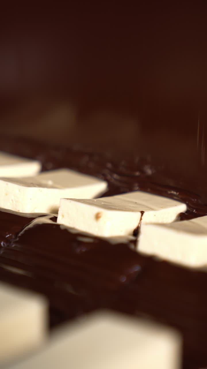 Milky bars being covered by thick chocolate. White sweets moving under the flow of chocolate. Production of candies close up. Vertical video