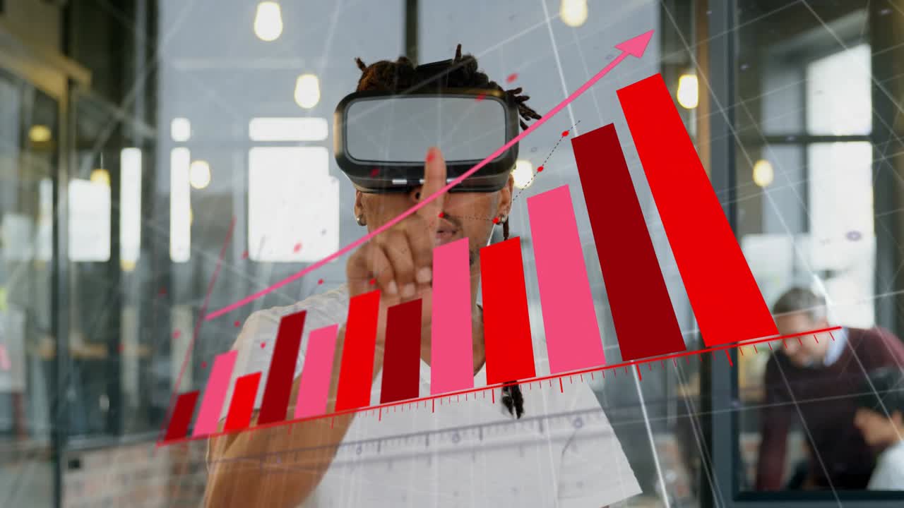 Man met VR-headset steekt hand op en wijst, waarbij een 3D-staafdiagram reageert op zijn vinger voor zakelijke toepassingen.