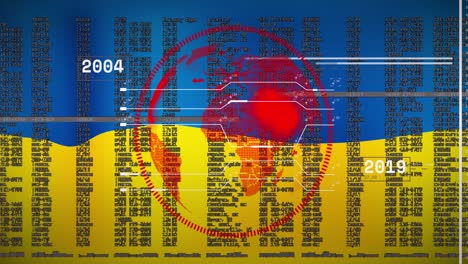 animation of financial data and globe over flag of ukraine