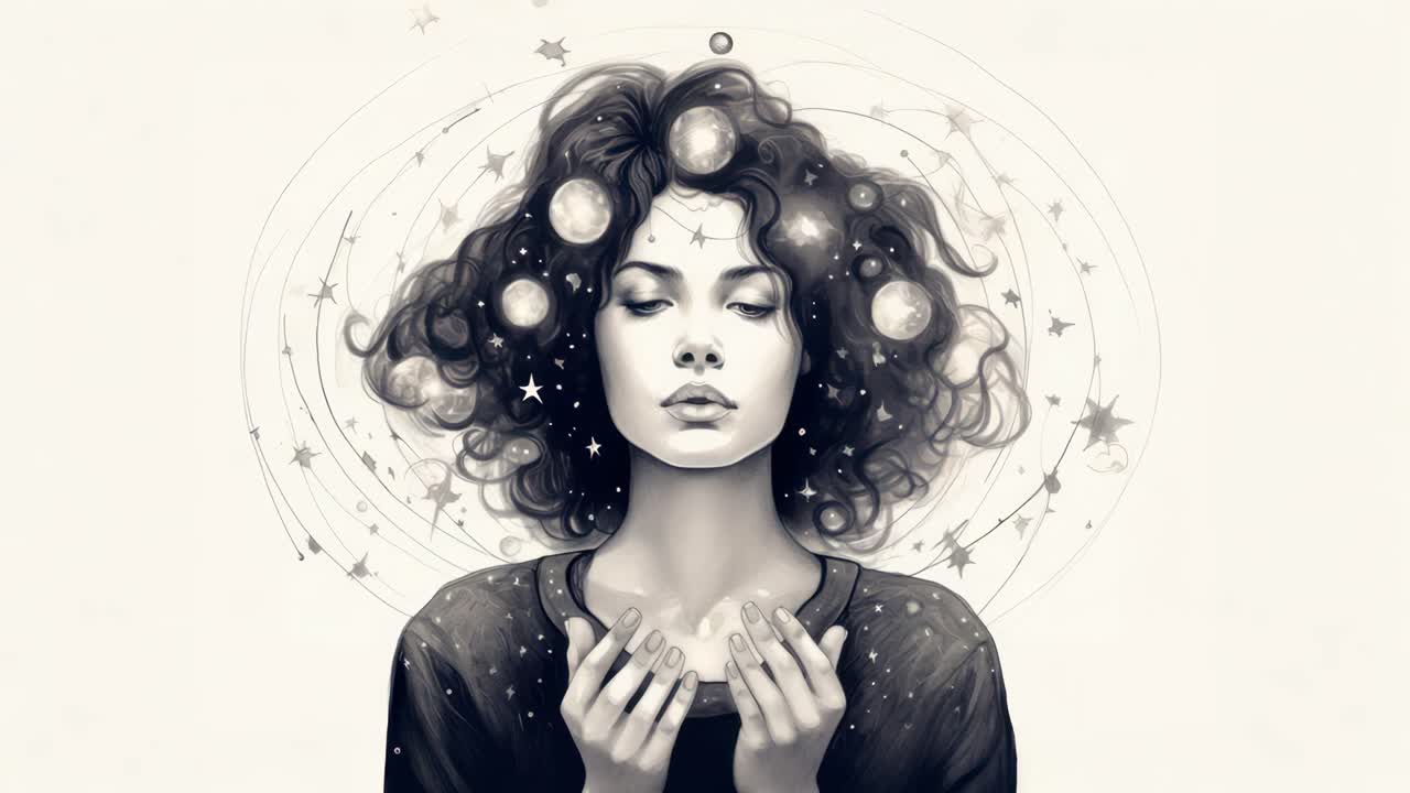 Surreal video concept of a woman with celestial elements in her hair