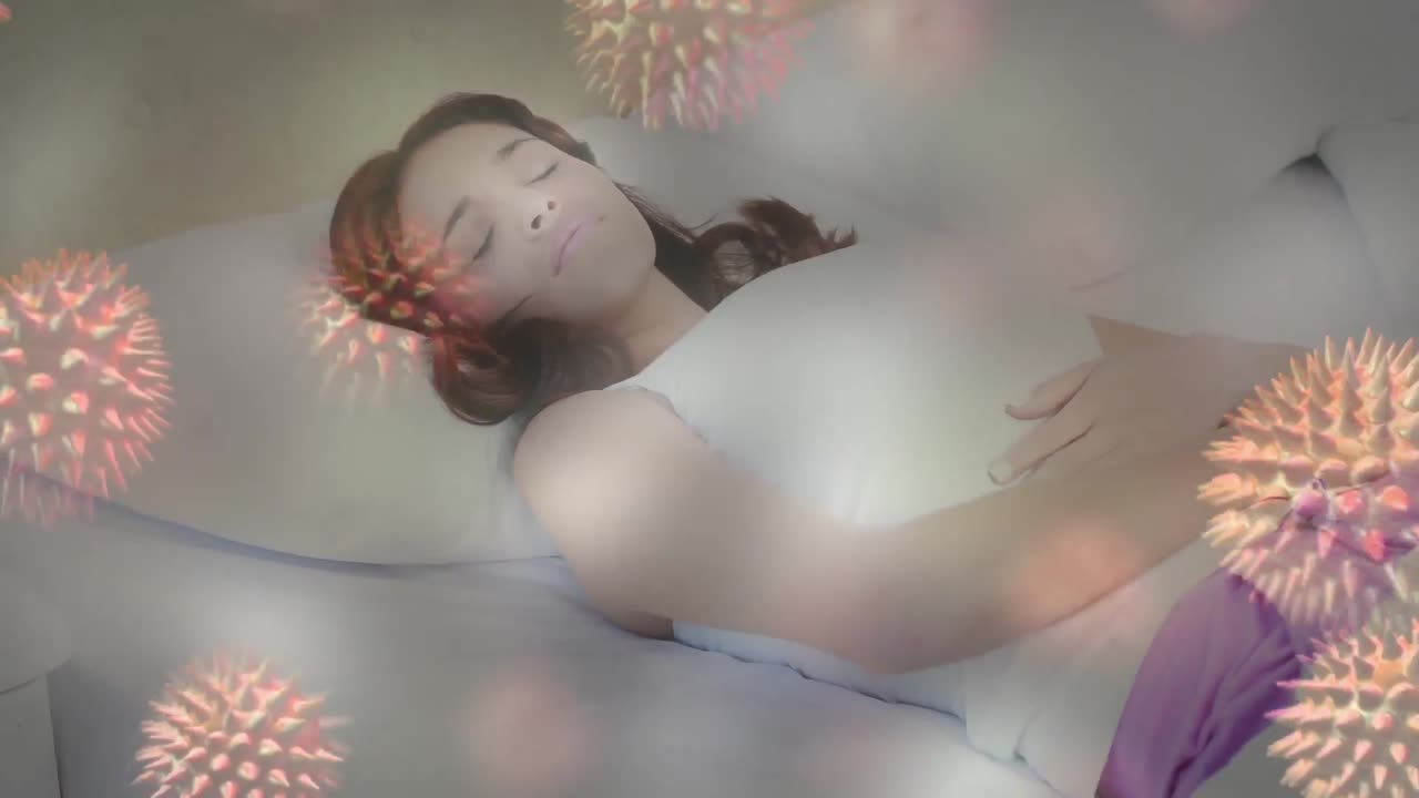 animación del virus de la corona con una mujer enferma en el fondo