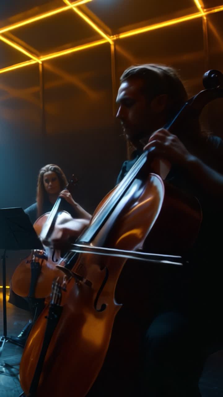 En stemningsfuld optræden af to cellister badet i dramatisk belysning, der indfanger essensen af livemusik og samarbejde i en fængslende atmosfære.