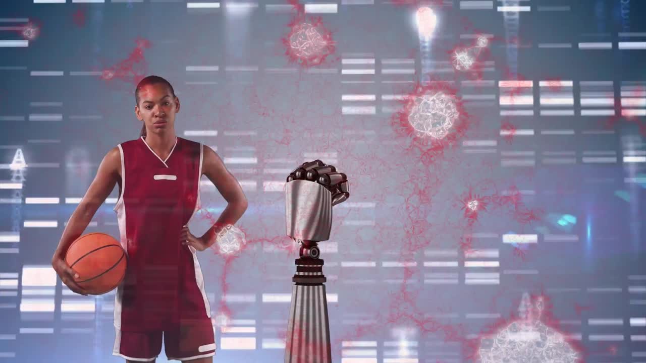 Animation of dna strand and robot's hand over biracial female basketball player