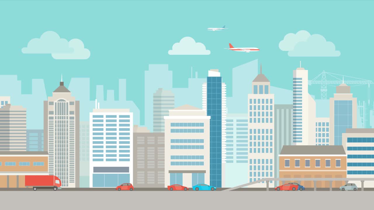 Skyline della città e strada con auto