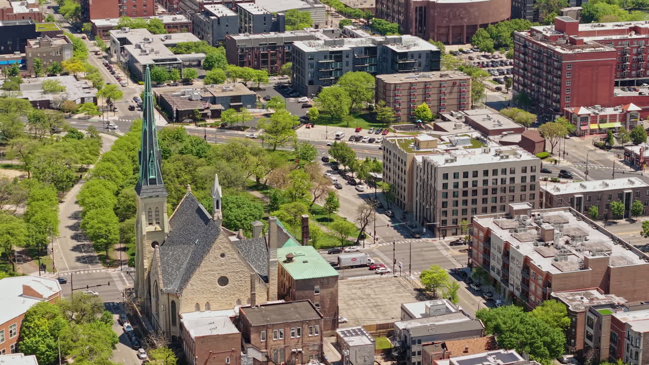 Drone Shot of First Baptist Congregational Church and Union Park, Chicago USA on Sunny Spring Day