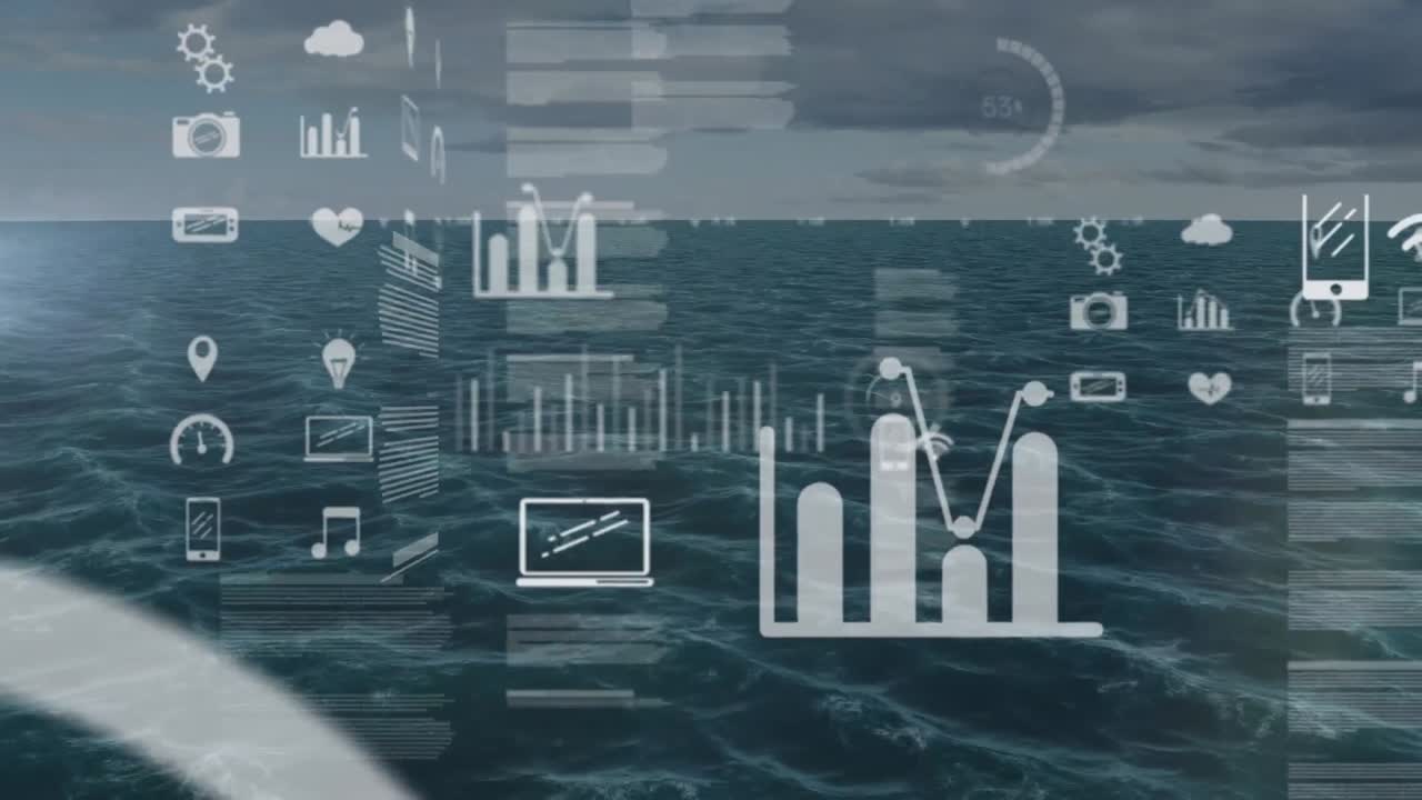 Animation of data processing with icons over sea
