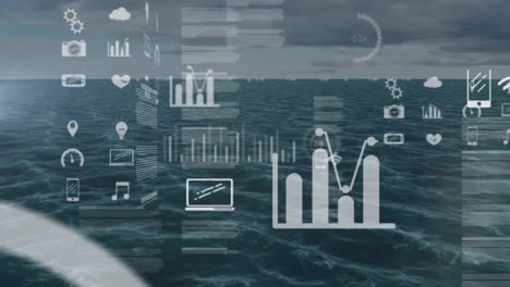 animación del procesamiento de datos con iconos sobre el mar