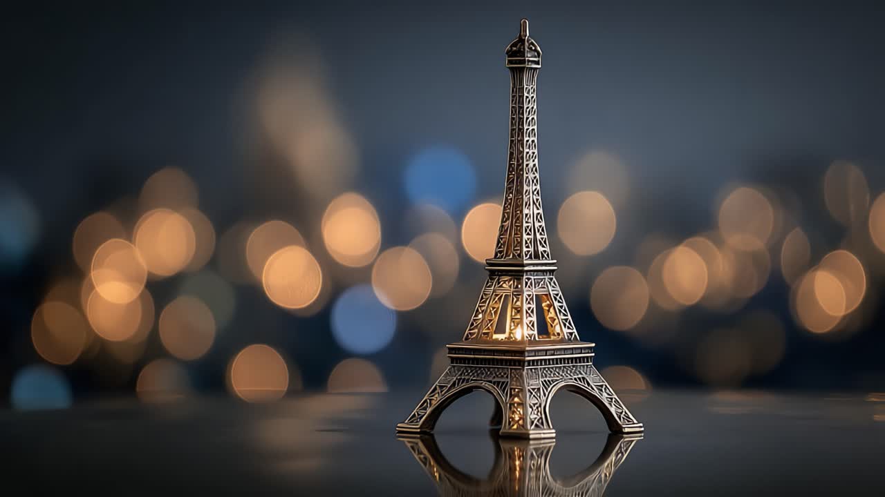 Primo piano mozzafiato di una Torre Eiffel in miniatura su uno sfondo delicatamente illuminato con effetti bokeh, che ne evidenzia il design intricato e l'eleganza