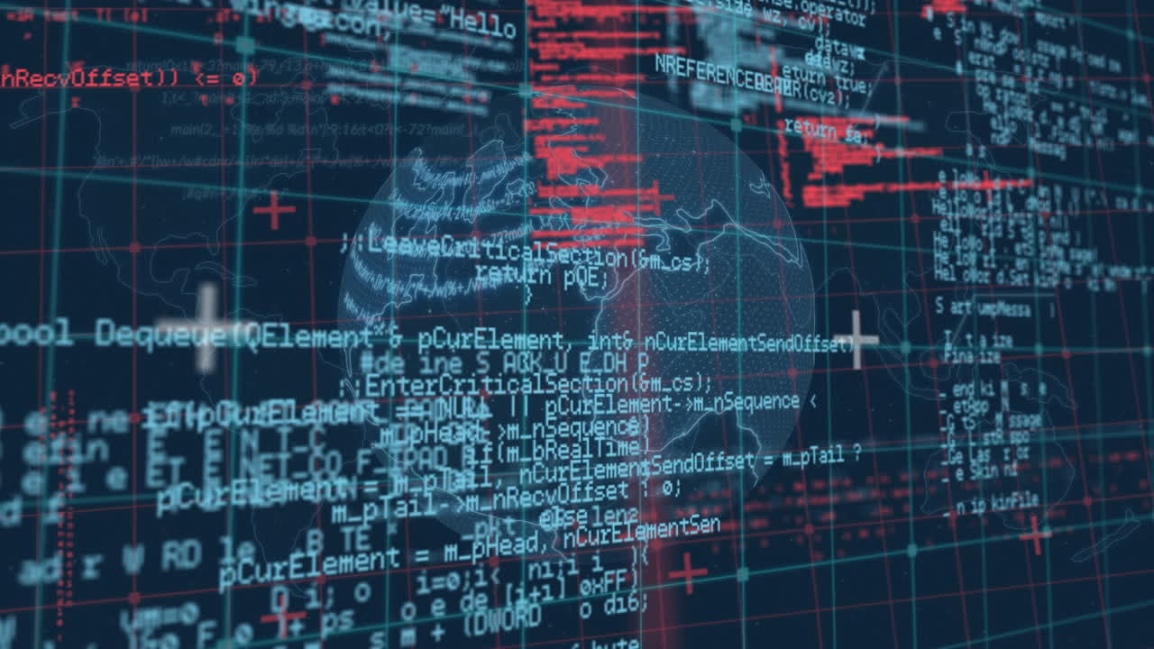 Animation of digital data processing over grid and globe