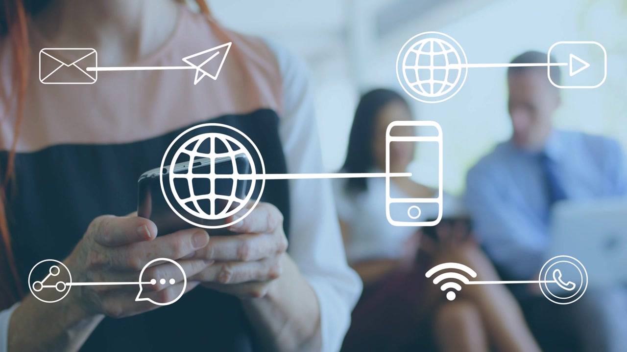 Foreground woman holding phone and tapping screen, initiating subtle tech icons linking to business