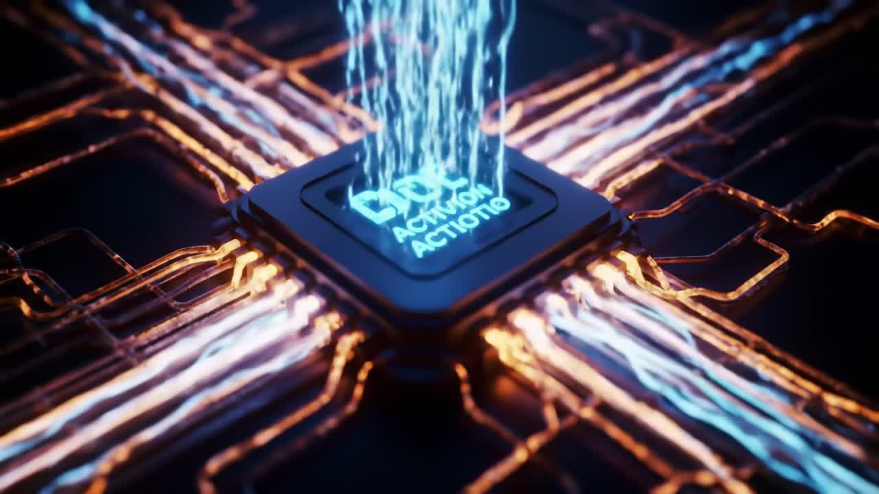 This visual features an advanced chip, highlighting intricate circuit patterns glowing in blue and orange.