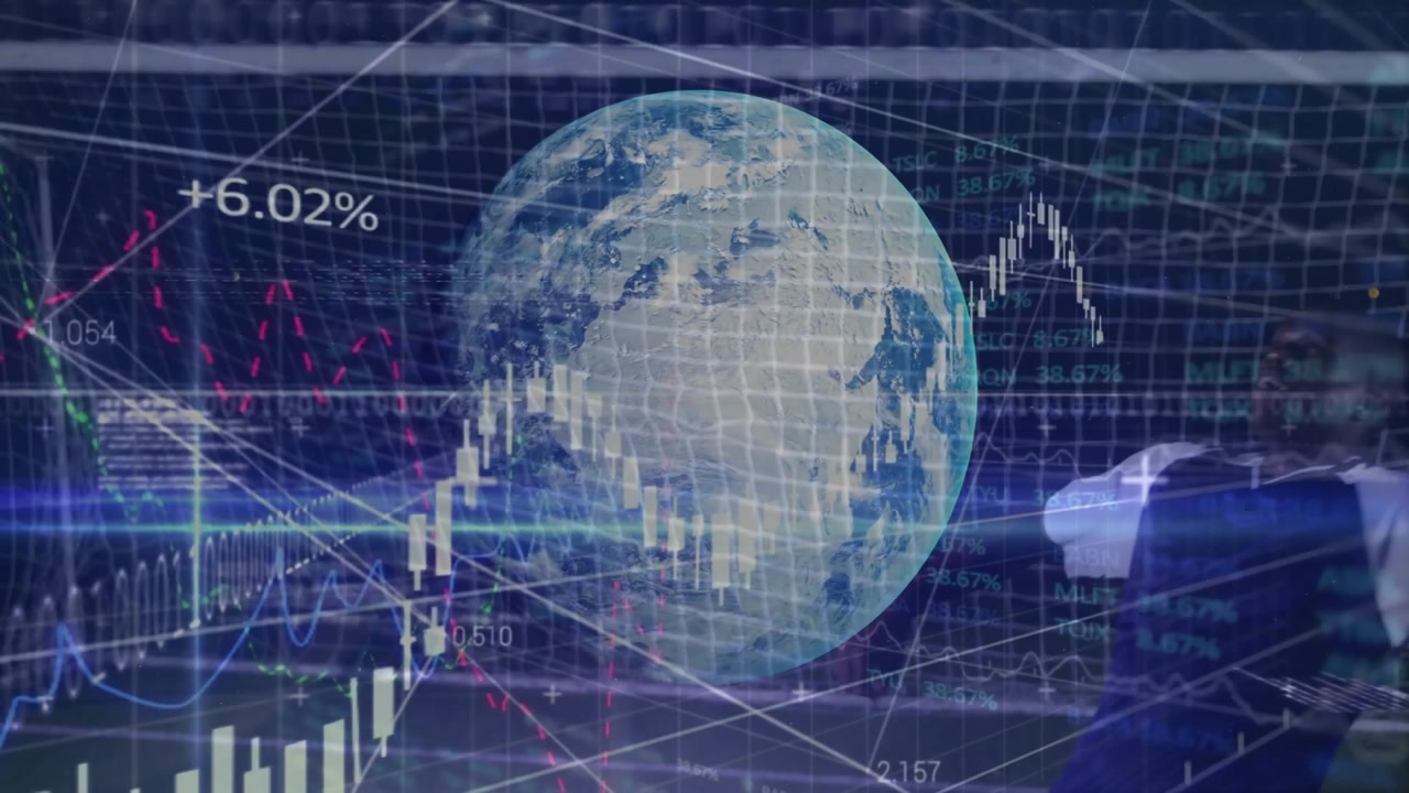 Globo terráqueo con gráficos financieros y animación de procesamiento de datos sobre un fondo digital.