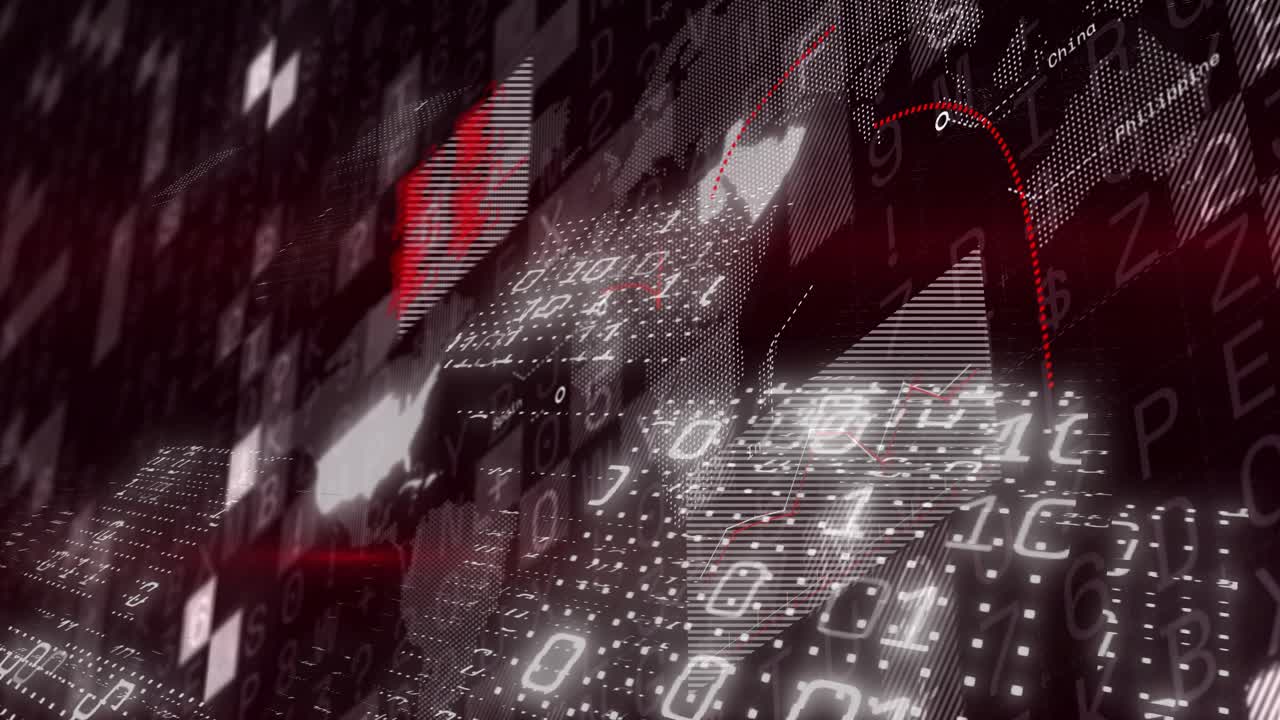 Camera tilting starting 3D data-tile wall lighting, shifting view, revealing charts, showing trends